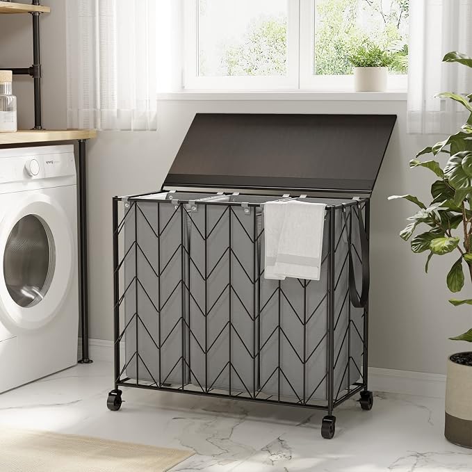 WOWLIVE Laundry Hamper 3 Section with Lid, 142L Laundry Basket with Wheels - Image 2
