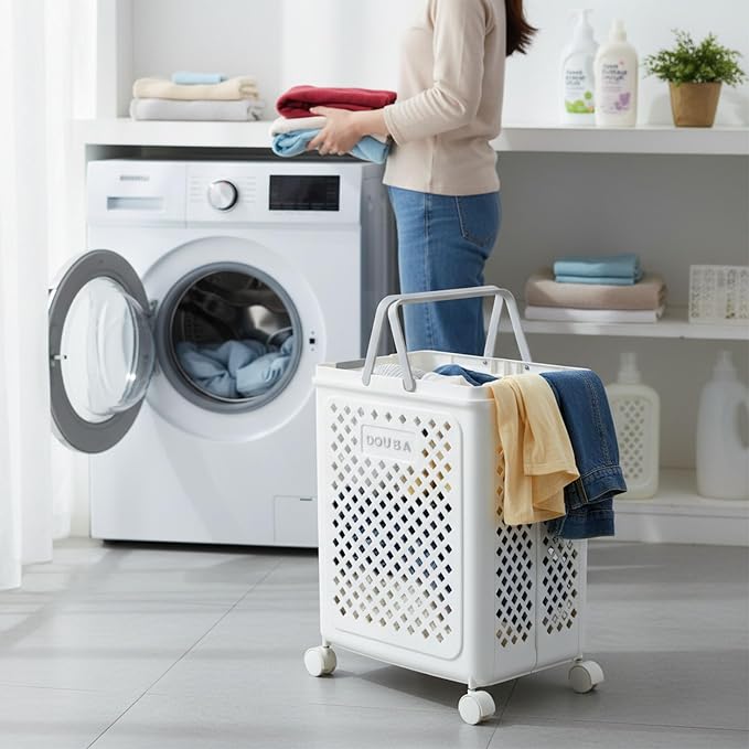 49L Collapsible Laundry Baskets, Plastic Laundry Hamper with Handles, Foldable Laundry Bin, Laundry Basket with Wheels for Laundry Room Organization, Ideal for Clothes, Towels, Blankets, White - Image 5