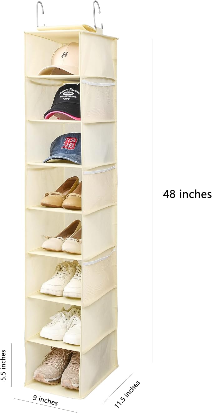 Berdeng Hanging Shoe Organizer for Closet with Side Mesh Pockets，Hat Racks for Baseball Caps，Shoe and Hat Holder & Storage，8-Shelf，Beige，2 Pack - Image 3