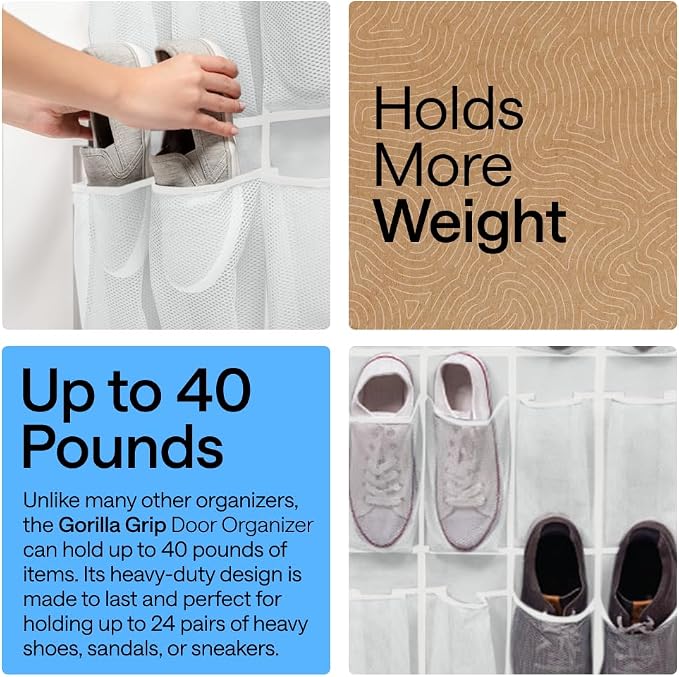 GORILLA GRIP Over the Door Shoe Organizer, 24 Large Pockets, White | Breathable Mesh Pocket, Space Saving Hanging Storage Holder, Closet Rack Hanger for Shoes, Pantry and Bathroom Accessories - Image 3