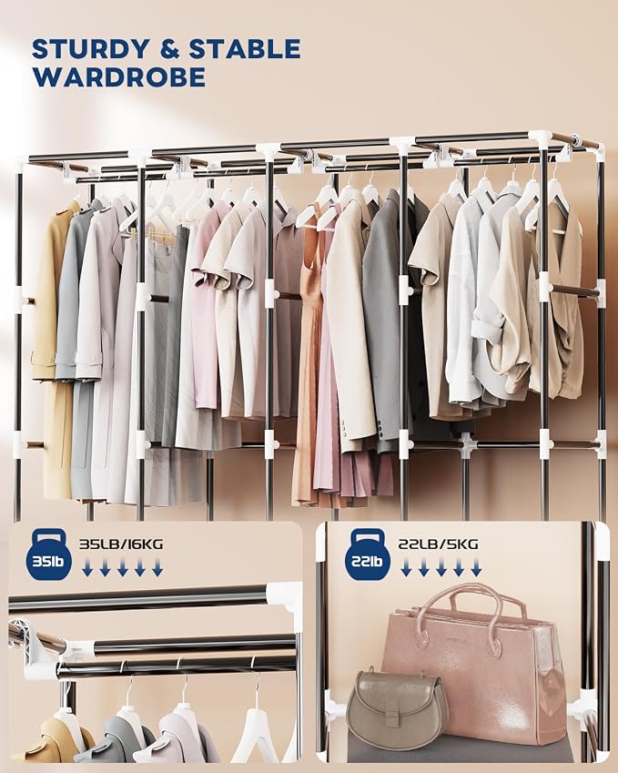 Mavivegue Portable Closet Wardrobe, Clothes Organizer with 4 Hanging Rods, Non-Woven Fabric Cover, Large Capacity Storage for Bedroom and Living Room,Gray - Image 4