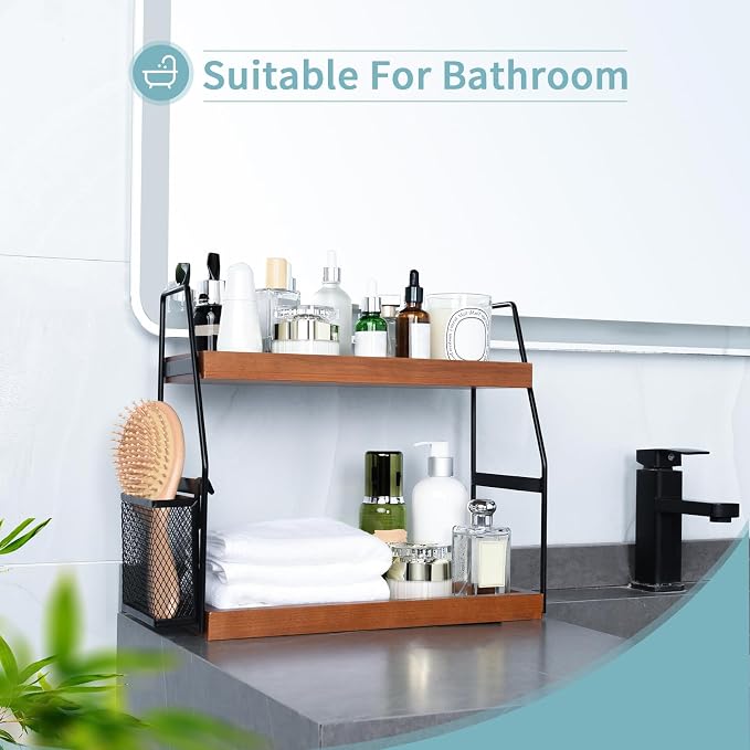 Bathroom Counter Organizer, 2-Tier Standing Storage Shelf with Basket, Wood Tray for Skincare Vanity Organizer(Brownish) - Image 4