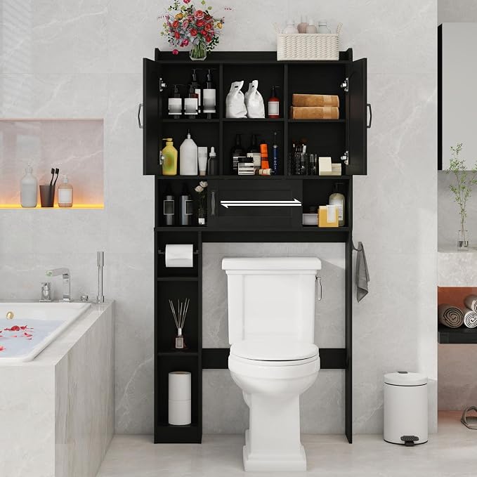 Vabches Over The Toilet Cabinet with 2 Barn Doors & Sliding Door, Black - Image 4