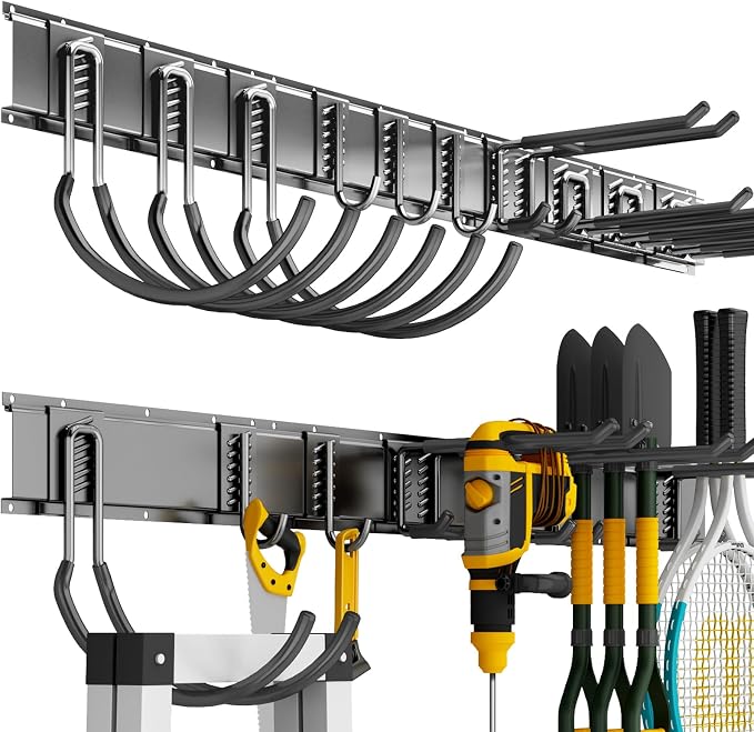 Garage Tool Organizer Wall Mount, 64 Inch Heavy Duty Garden Tool Organizer Storage System, Easy Install with 10 Adjustable Hooks, for Garage, Basement, Shed, Workshop, Black, Steel by CRXCRC