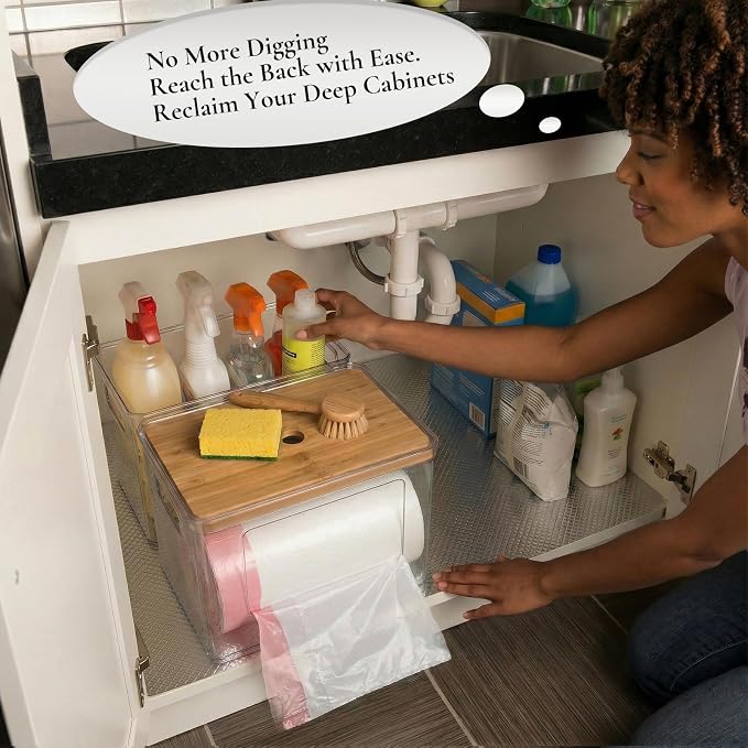 Hudgan 2 in 1 Acrylic Trash Bag Dispenser Under Sink, Garbage Bags Holder with Stackable Bamboo Top for Kitchen, Pantry, Laundry Room - Image 4