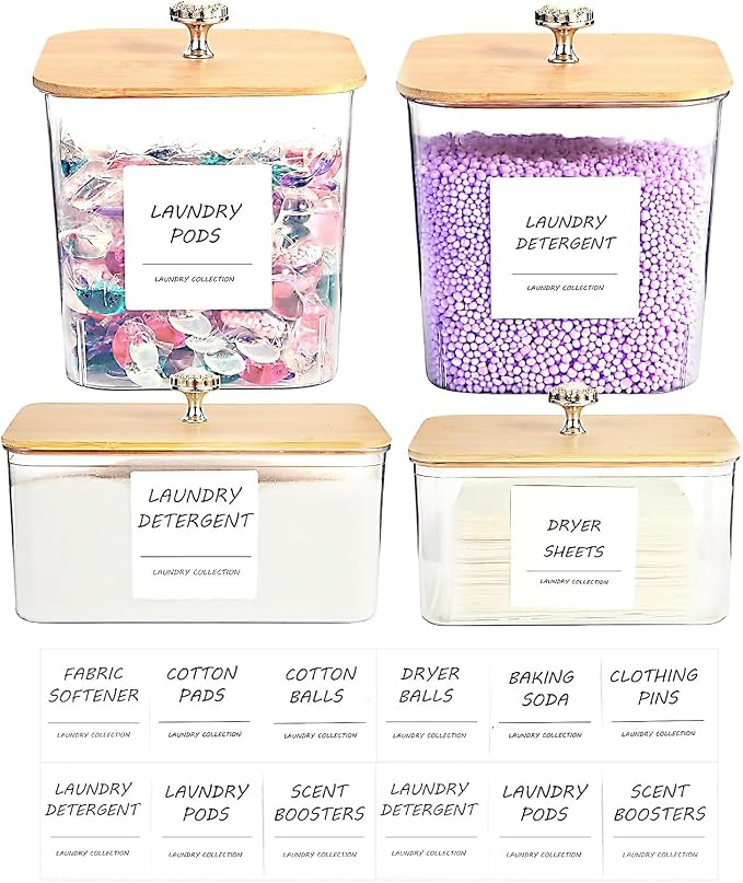 4 Pack Laundry Room Organization Storage Containers, Plastic Clear Laundry Pods Container & Dryer Sheet Holder Jars with Lids, Scoops & Labels for Detergent, Powder, Dryer Balls, Beads - Image 7