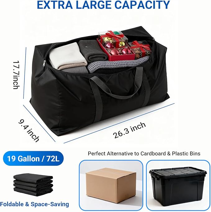 Extra Large Moving Bags, 2 Pack Black Oversized Storage Totes with Strong Zipper & Reinforced Full Loop Handles, Collapsible Storage Bags for Space Saving, for King/Queen Comforter, Blankets & Clothes - Image 2