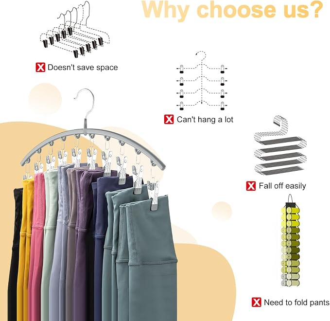 Volnamal Legging Organizer for Closet, Metal Yoga Pants Hanger w/Rubber Coated 1 Pack w/10 Clips Hold 10 Leggings, Hangers Space Saving Hanging Closet Organizer for Closet Organizers and Storage-Gray - Image 2