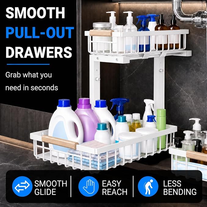 Under Sink Organizer 2 Pack, Double Slide Out Metal Shelf, White - Image 6
