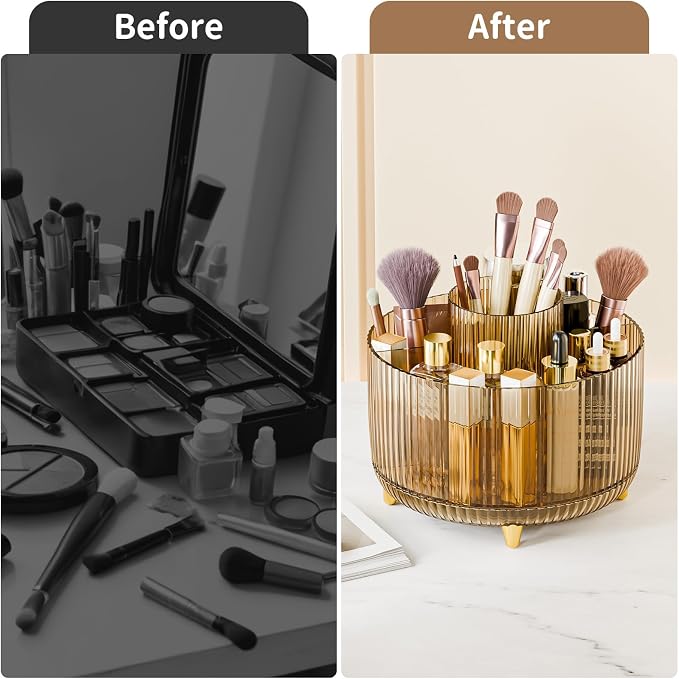 fanado 360° Rotate Makeup Brush Holder Organizer, Makeup Organizers Countertop, Makeup organization and Skincare Storage for Vanity, Desktop, Bathroom (Clear Amber) - Image 6