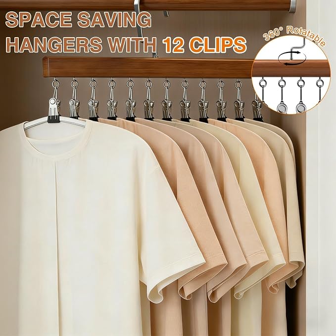 Closet Organizer with 12 Clips, Space Saving Hangers for Clothes, Hanging Closet Organizers and Storage, Wooden Socks Hats Pants Hangers with Clips, for Small Room Organization (2 Pack) - Image 7