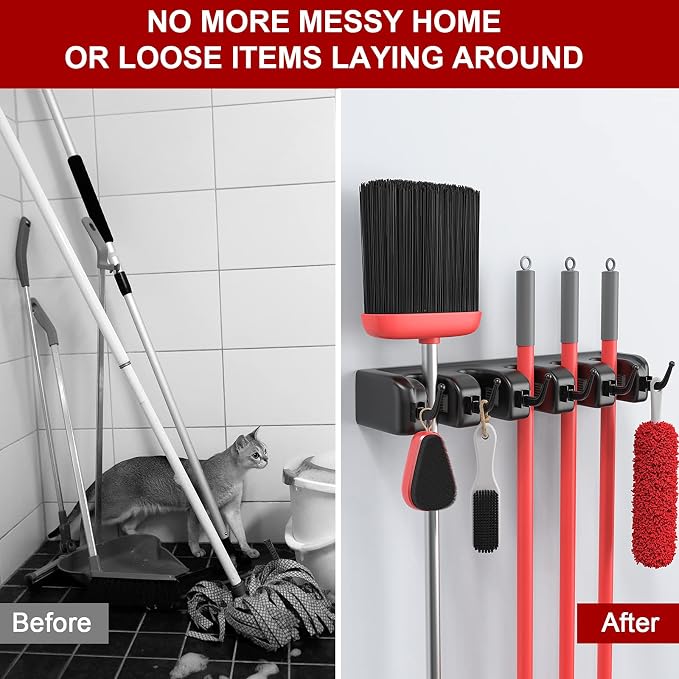 LETMY Broom Holder Wall Mount - Mop and Broom Hanger Holder - Garage Storage Rack & Garden Tool Organizer - 5 Position 6 Hooks Broom Rack for Home, kitchen, Garden, Tools, Garage Organization - Black - Image 4