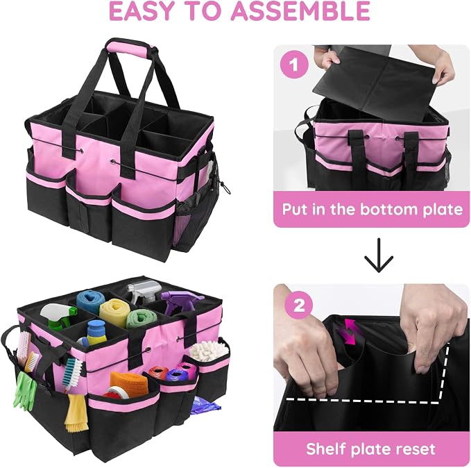 ZKOO Large Cleaning Caddy Bag with Handle, Built-in Sturdy Support Board, Adjustable Shoulder Strap, Multi-compartment Design Cleaning Supply Tote for Cleaners & Housekeepers (Pink) - Image 5