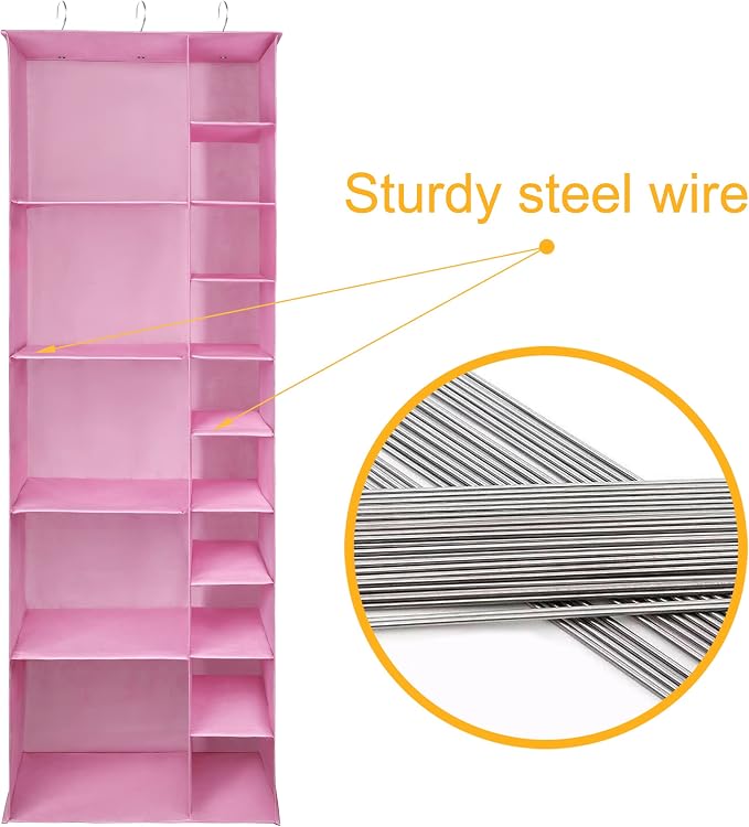 Libeder Shoe Organizer for Closet, 15 Shelf Hanging Closet Storage Shelves - 10 Shoe Rack Organizer and 5 Compartment for Clothes with 6 Side Mesh Pockets for Scarves Socks,Gloves, Pink - Image 5