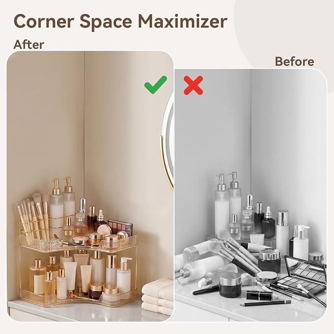 2-Tier Corner Bathroom Counter Organizer with Makeup Brush Holder, Gold - Image 3