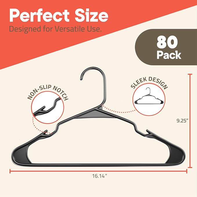 Gray Plastic Hangers 80 Pack– Heavy-Duty Plastic Hangers Slim and Space-Saving, Durable and Lightweight PP with Non-Slip Shoulder Notches for Slip Dresses, Suits, Jackets & Camisoles - Image 2