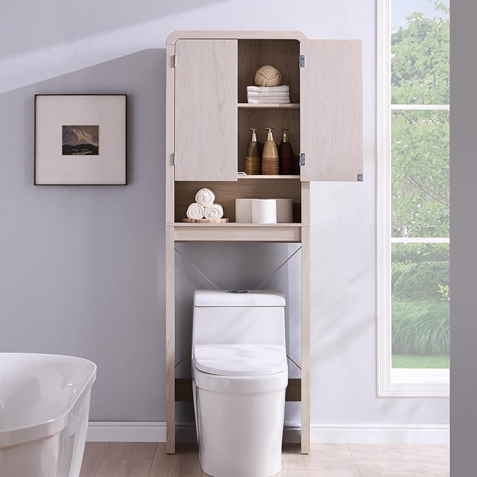Over the Toilet Storage Cabinet, 69.69" Curved Bathroom Storage Organizer Cabinet with Doors and Adjustable Shelves, Wooden Free Standing Toilet Space Saver Rack, Cream - Image 7