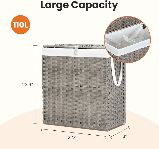 DUMOS Wicker Laundry Basket with Lid, 110L Woven Laundry Hamper with Handles, Foldable Rattan Clothes Hamper with Removable Liner & Sturdy Steel Frame, Dove Gray - Image 7