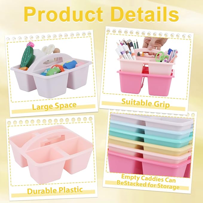 6 Pack 4 Compartment Classroom Caddy with Handle, Pink Purple - Image 3