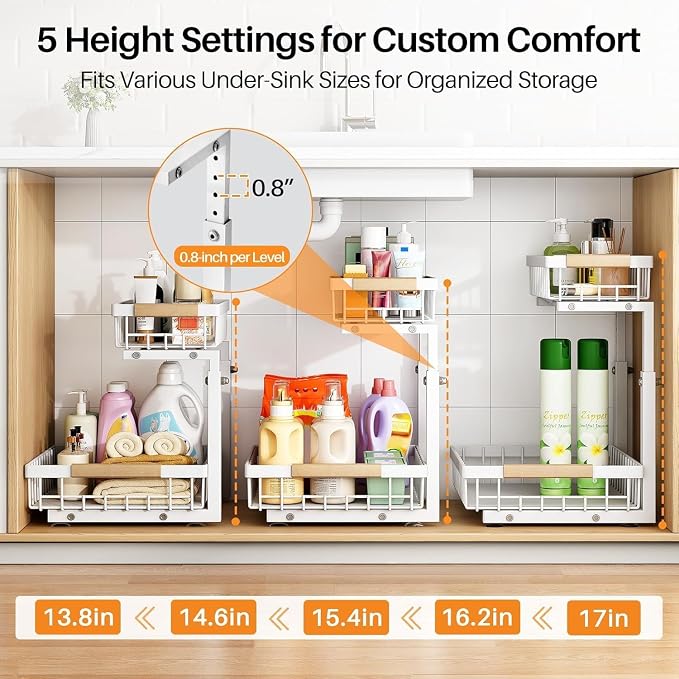PXRACK Under Sink Organizer, Adjustable Height, 2 Tier Pull Out Under Cabinet Organizer, Slide Out Thickened Metal Under Sink Storage for Kitchen Bathroom Laundry Pantry Cabinet, White, Small-2-Pack - Image 5