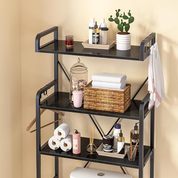 Huhote Over-The-Toilet Storage Rack with 3-Tier Shelves, Space Saver Toilet Shelf, Bathroom Storage Organizer with Hooks for Over-Toilet Storage (Black) - Image 5