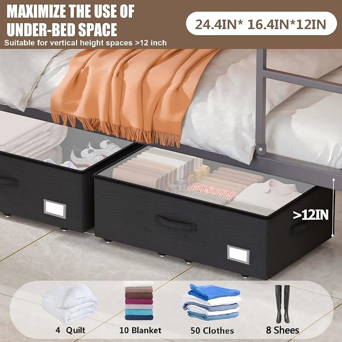 EE-RoomWorld Underbed Storage With Wheels, No Assemble Required 12 inches Height Under bed Storage Bins,Large Capacity Rolling Shoe Storage Containers，Dorm clothes Storage - Image 3