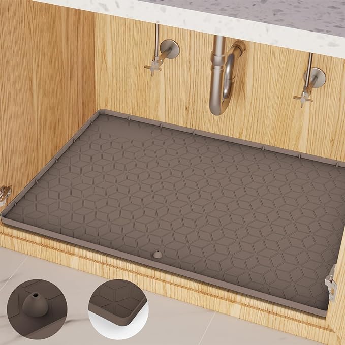 Under Sink Mat for Kitchen, Silicone Waterproof Liner with Drain Hole, Flexible Cabinet Organizer Tray, Holds Up to 3.3 Gallons, Easy to Clean (Brown, 34x22) by MIFADFAOtailoredtoyourhome