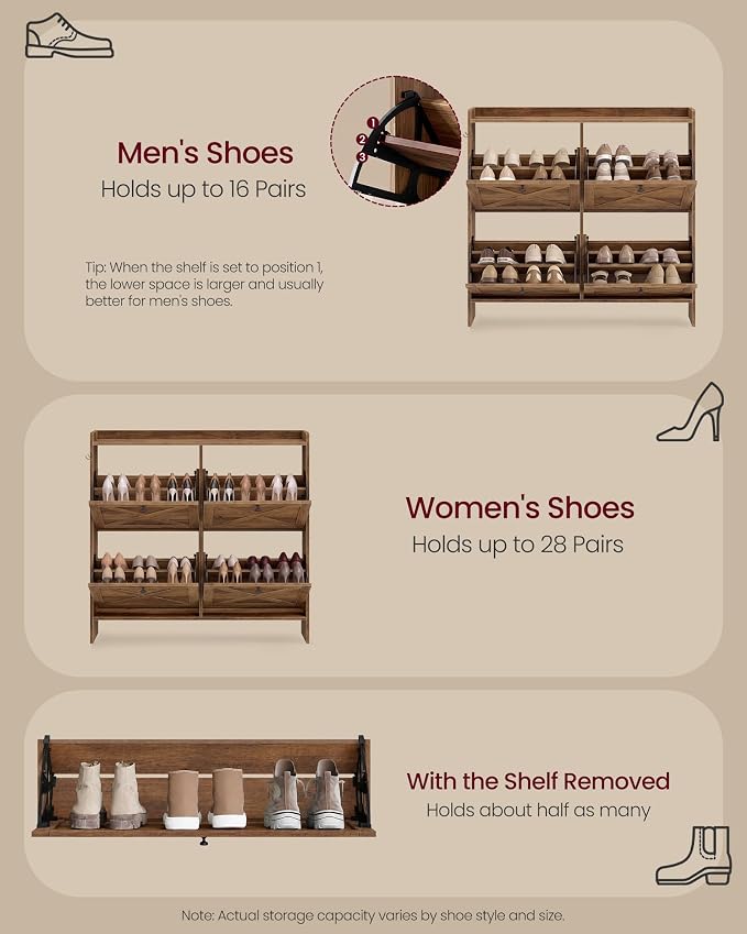 VASAGLE Narrow Shoe Storage Cabinet Organizer with 4 Flip Drawers | Freestanding Shoe Rack, Fits 16 to 24 Pairs, for Entryway, Farmhouse Style, Honey Brown, HANIS Collection UHSC403KB01S - Image 5