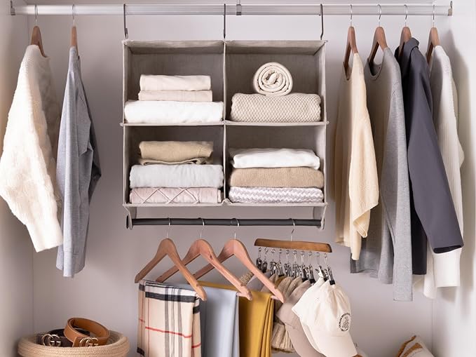 StorageWorks Hanging Closet Organizer with Rod, 4 Sections, 2 Tiers, Brown | Maximize Closet Space with 4 Open Sections and Built-in Rod for Hanging Clothes Below - Image 2