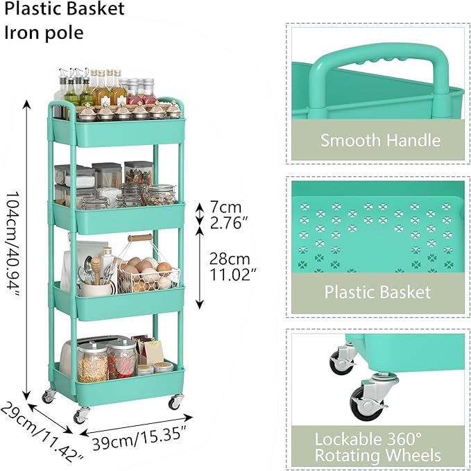 Sywhitta 4-Tier Plastic Rolling Utility Cart with Wheels for Storage,Green - Image 2