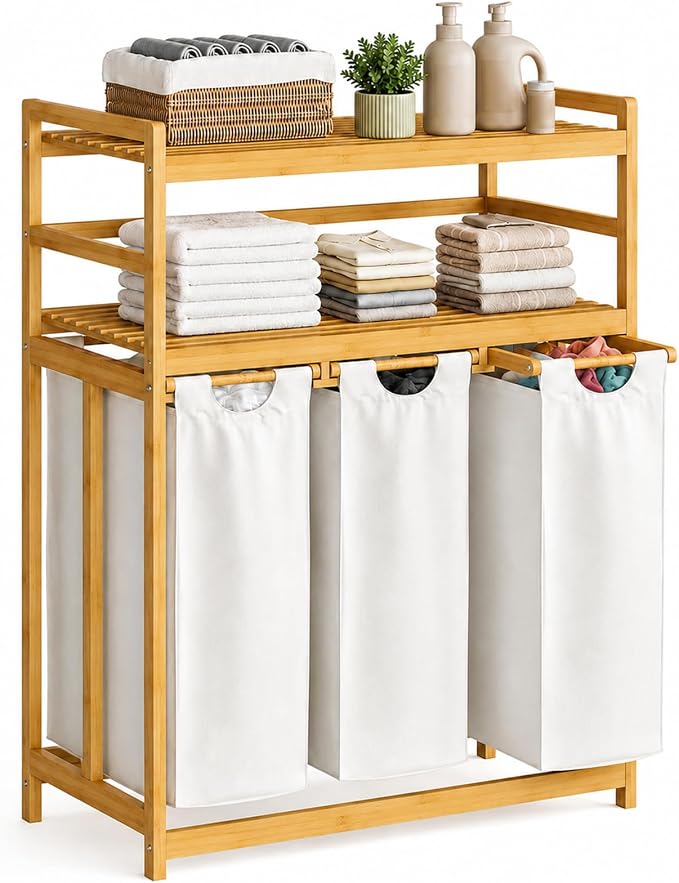 Bamboo 150L Laundry Hamper with 2 Tiers Shelf, Laundry Room Organization by Toolola