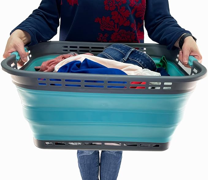 SAMMART 42L (11 Galloons) Collapsible Plastic Laundry Basket - Foldable Pop Up Storage Container/Organizer - Portable Washing Tub - Space Saving Hamper/Basket[BPA Free] (Grey/Crystal Blue (Set of 2)) - Image 6
