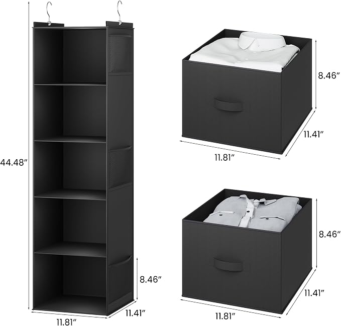 YOUDENOVA Hanging Closet Organizer, Hanging Shelves with Drawers, Black | Closet Organizers and Storage with 6 side pockets, Foldable Storage for Clothes, Socks, Underwear & More, Breathable Fabric - Image 3