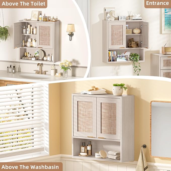 LEYAOYAO Rattan Bathroom Wall Storage Cabinet, Boho Medicine Cabinet - Image 9