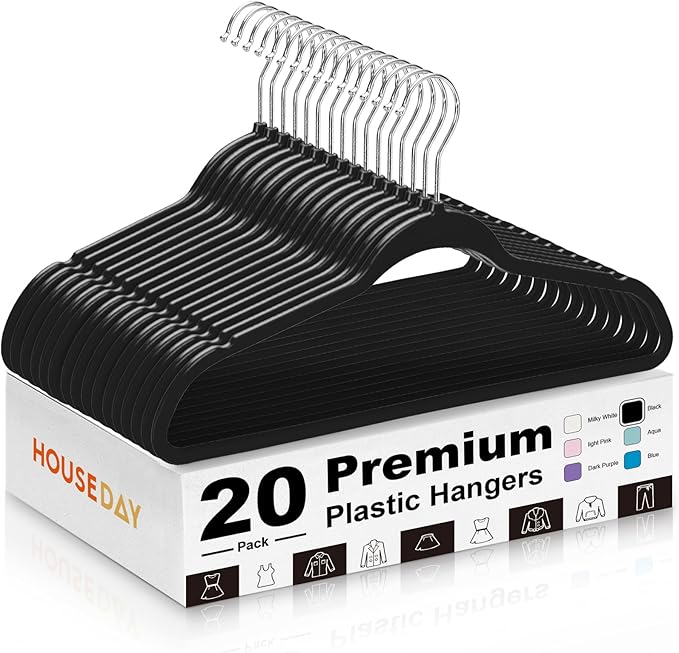 HOUSE DAY Black Plastic Hangers 20 Pack - Ultra-Thin Heavy Duty Non-Velvet by HOUSEDAY