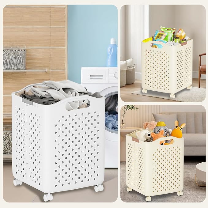 57L Foldable Collapsible Laundry Basket, with Wheels+Handles(Cream White) - Image 7