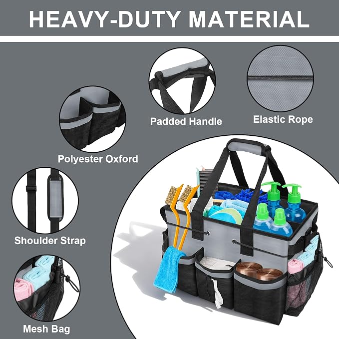 ALSLEA Large Cleaning Caddy Bag 15" x 10½" x 9" Heavy-Duty Organizer Tote for Home, Housekeepers, Janitors Cleaning Caddy for Cleaning Supplies with Shoulder Strap & Multiple Pockets (Gray) - Image 4