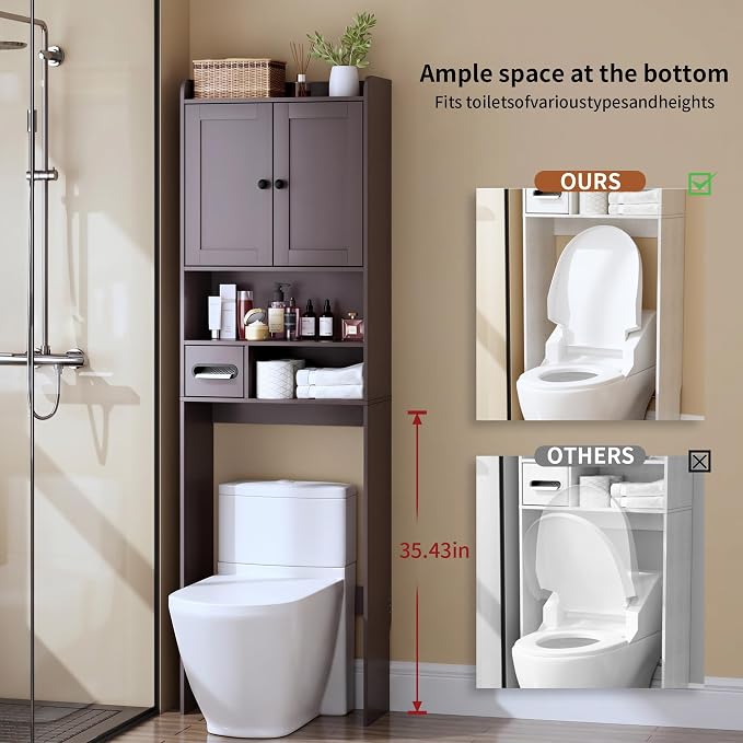 Over the Toilet Storage Cabinet, Tall Slim Bathroom Organizer with Doors, Adjustable Shelves & Built-in Toilet Paper Holder, Space-Saving Above Toilet Cabinet for Small Bathrooms (Espresso) - Image 2