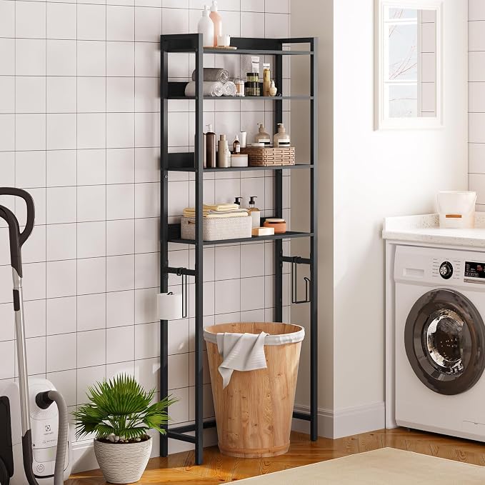 MAHANCRIS Over The Toilet Storage Rack, 4 Tier Bathroom Organizer Over Toilet, Freestanding Space Saver Toilet Stand with 2 Hooks, Bathroom Storage Shelf, Easy to Assemble, Black TSHB0401 - Image 4