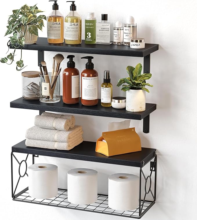Amada Bathroom Shelves with Storage Basket, Set of 3, Black by AMADAHOMEFURNISHING