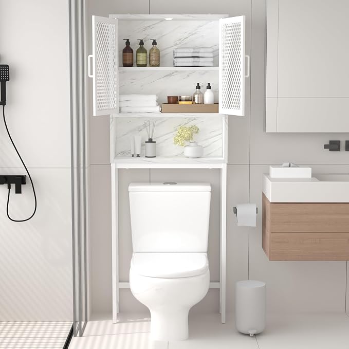 Launica Over the Toilet Storage Cabinet, Over Toilet Bathroom Organizer with Mesh Doors and Shelves, Freestanding Bathroom Storage Cabinet Above Toilet, Wood and Marble, White Marble - Image 3