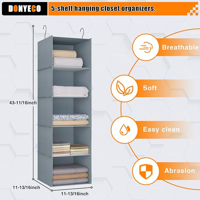 Hanging Closet Organizer 5-Shelf, Oxford Fabric Wardrobe Storage, Gray | Easy-mount foldable design holds clothes, handbags, shoes & accessories; washable Oxford fabric, sturdy and space-saving. - Image 3