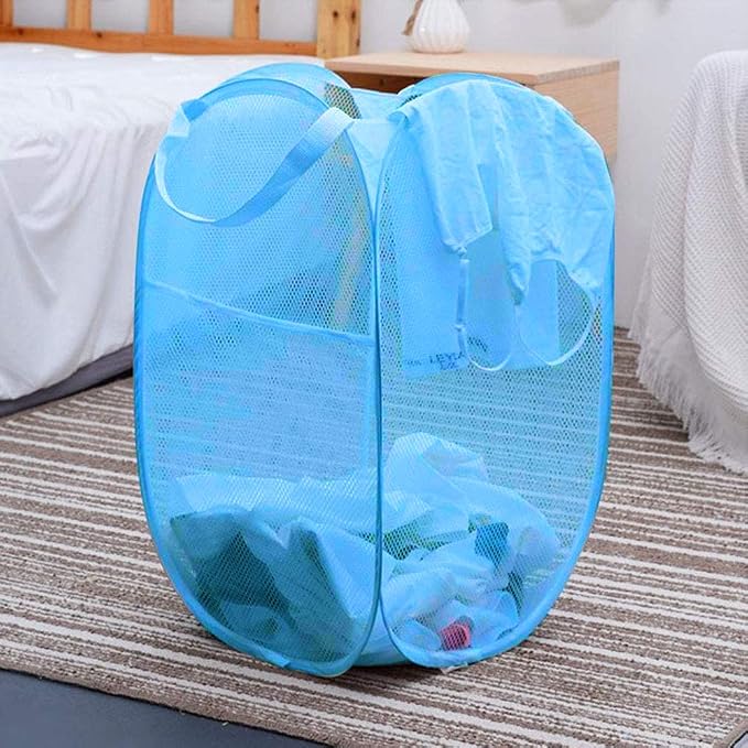 Larpur Pop up Laundry Hamper, Collapsible Laundry Basket, Portable Mesh Clothes Hamper for Home Room, College Dorm, Apartment, Foldable Hamper with Carry Handles, Sky Blue - Image 4