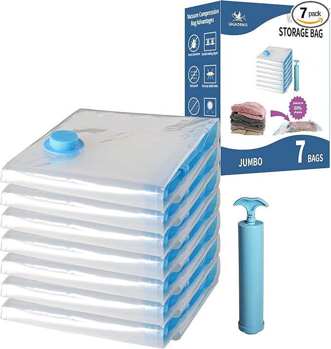 Vacuum Storage Bags 7 Pack Jumbo for Clothes Space Saving with Hand Pump by GIGAORNIS