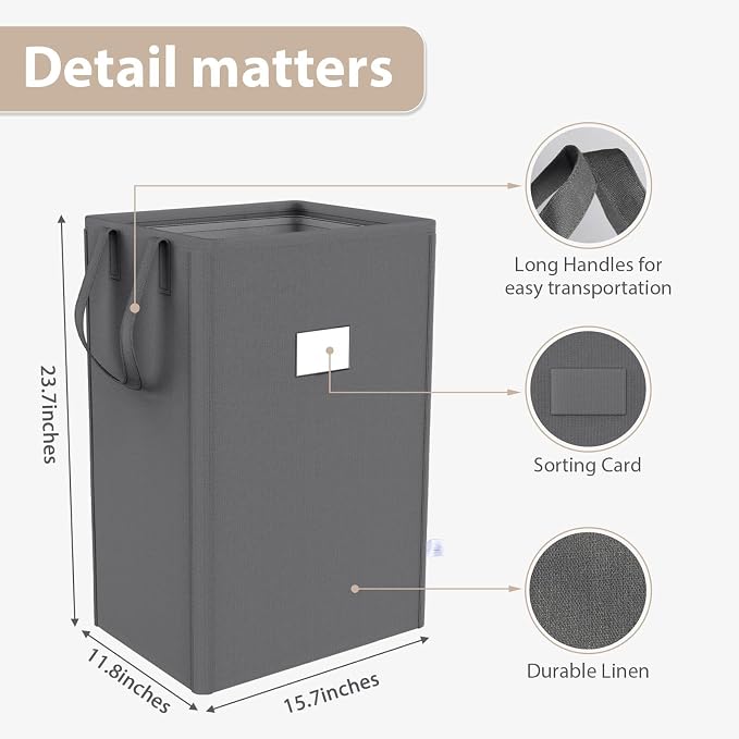 MCleanPin 210L Laundry Hamper Collapsible with 2 Washable Laundry Bags, Dirty Clothes Hamper,Laundry Basket with Handles Foldable Hamper Dorm Laundry Basket for College,Grey - Image 6