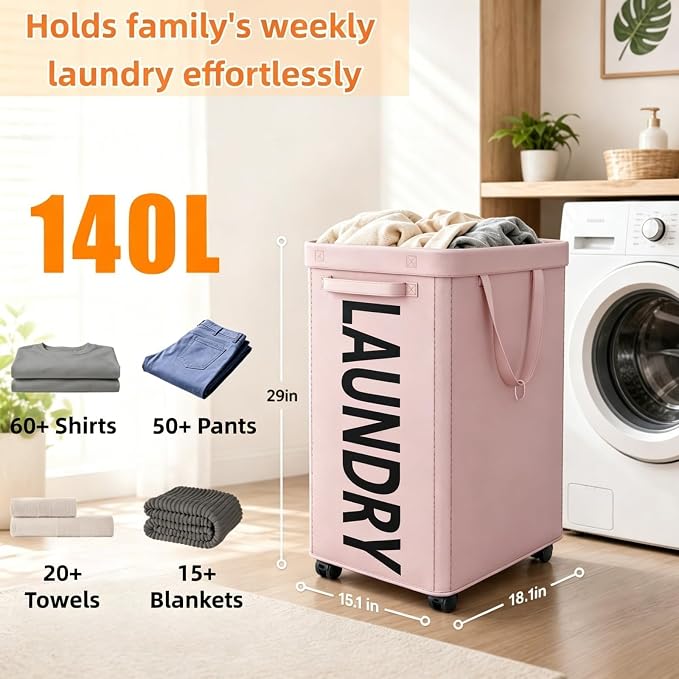 Optish 140L Extra Large Laundry Basket with Wheels and Removable Bag - Image 4