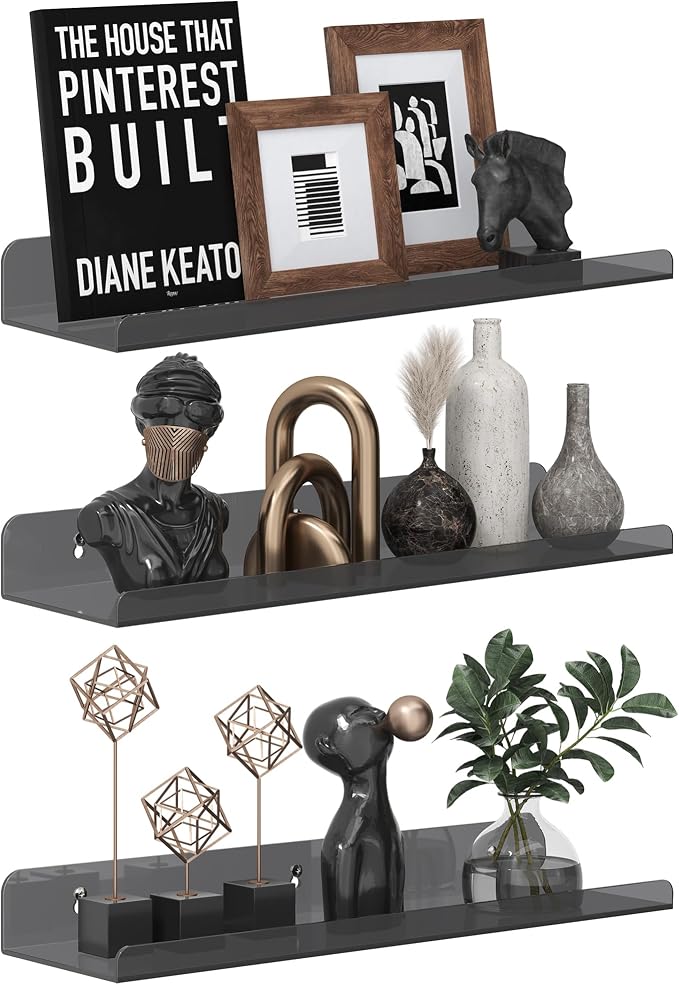 Qukaka Floating Shelves for Wall Decor, 15" Wall Shelves for Bedroom, Living Room, Kitchen, Bathroom Decor, Nail Polish/Book/Decoration/Makeup/Perfume Organizer Floating Shelf-3Pack Clear Black by QukakaHomeCare