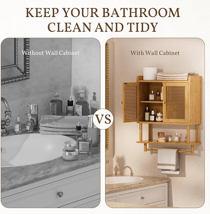AmazerBath Bathroom Wall Cabinets, Bamboo Medicine Cabinet with Rattan Door, Large Over The Toilet Storage Cabinet with Towel Bar, Wall Mounted Cabinet with Adjustable Shelves for Small Spaces - Image 4