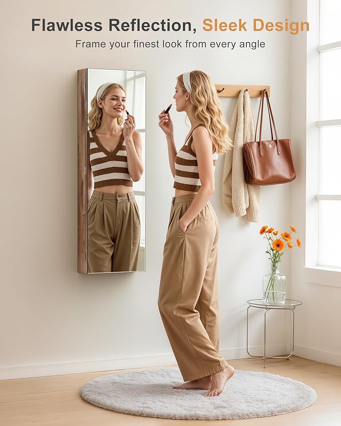 Nicetree Mirror Jewelry Cabinet, Full Length Mirror, Wall Mounted, Oak - Image 2