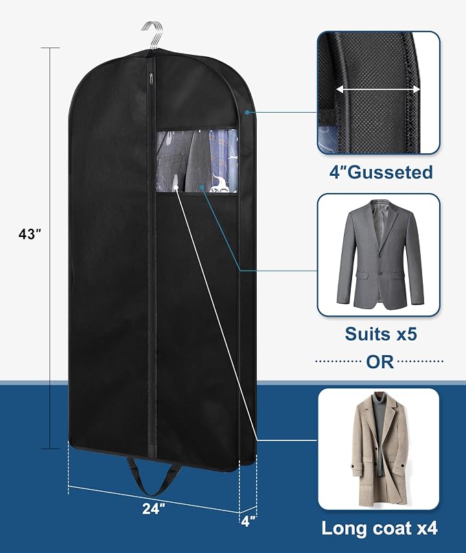 KIMBORA 43" Suit Bags for Closet Storage and Travel, Gusseted Hanging Garment Bags for Men Suit Cover With Handles for Clothes, Coats, Jackets, Shirts（3 Packs） - Image 2